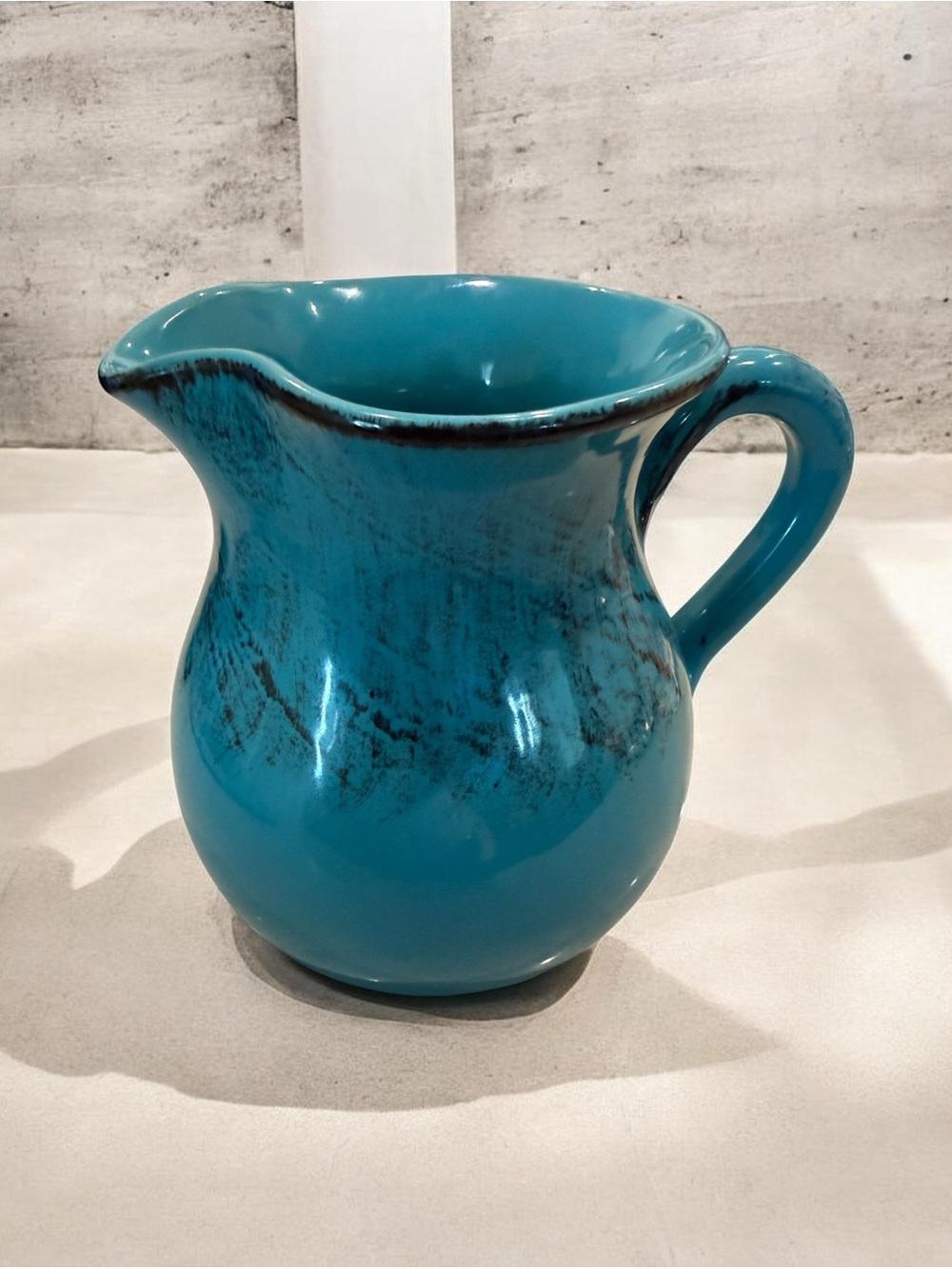 Vintage Italian Turquoise Pottery Pitcher with Rustic Brown Accents